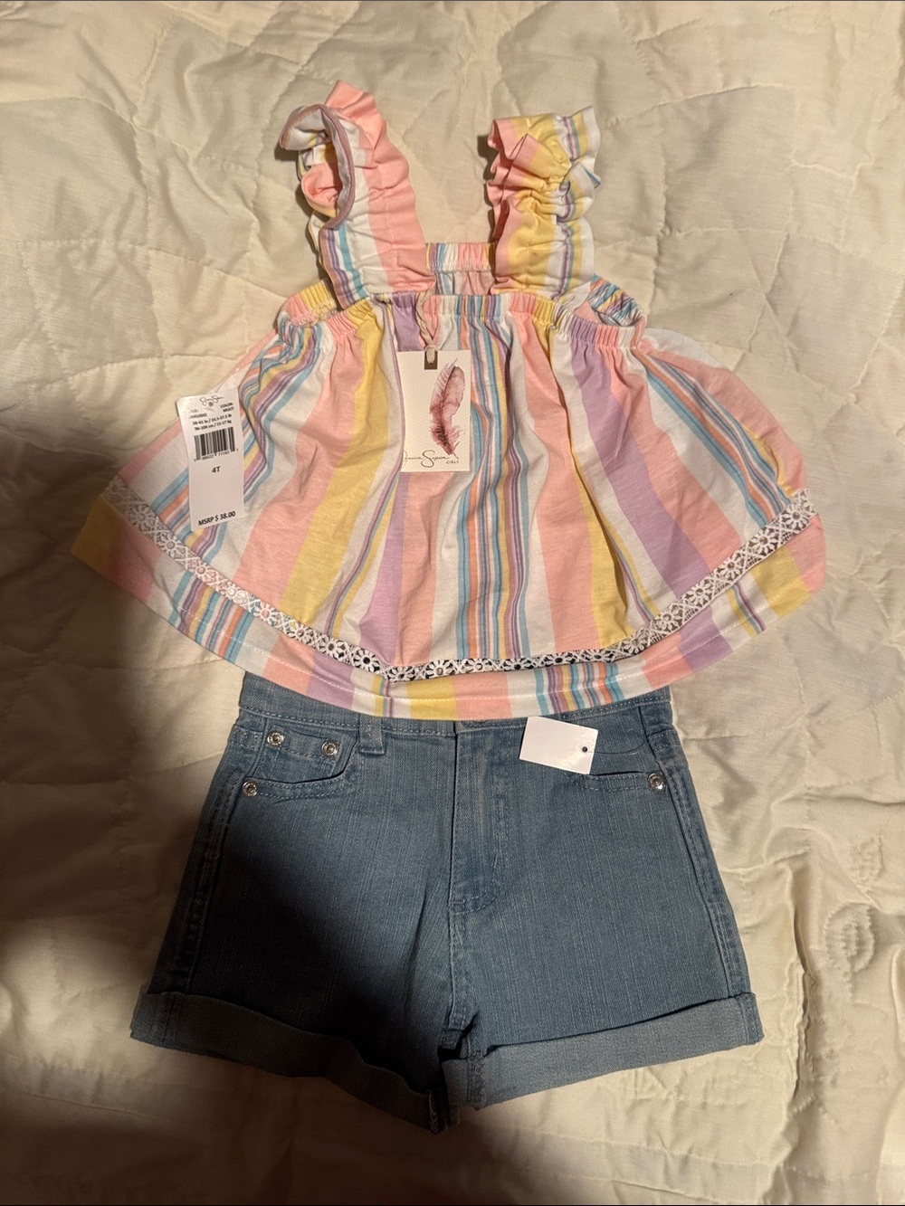 Jessica Simpson Pastel Striped Ruffle Tank & Denim Shorts Set